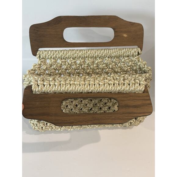 Vintage Woven Macrame Jute Rope Bag Clutch Purse Wood Handle - Picture 11 of 12